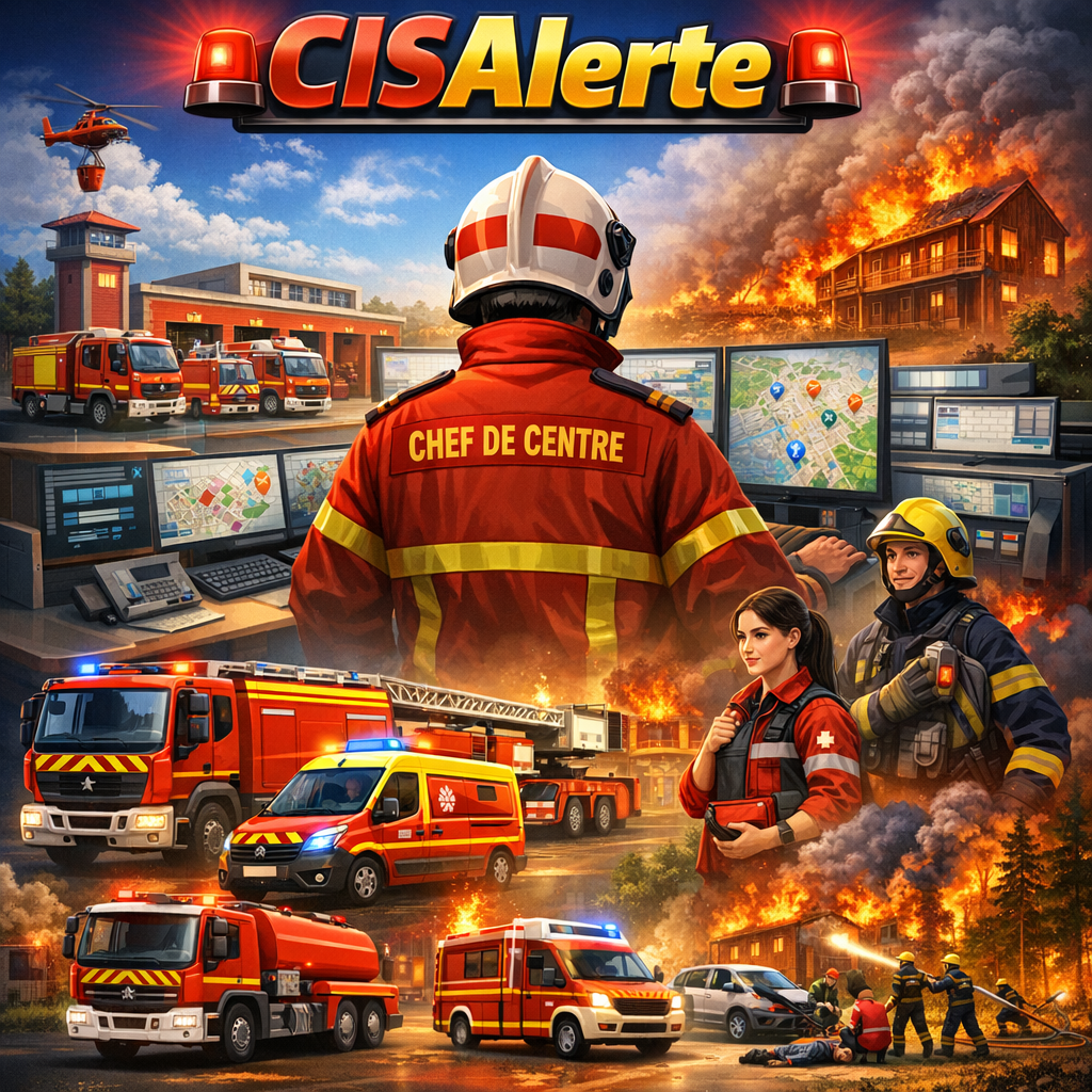 CISAlertes — illustration du jeu : chef de centre, sapeurs-pompiers, véhicules de secours et interventions